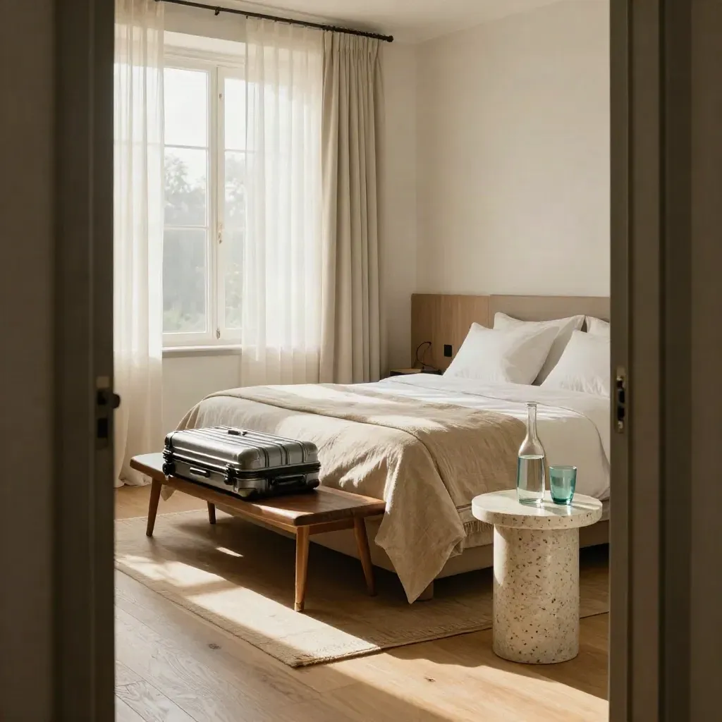 Ruhiges Hotelzimmer mit gemachtem Bett, offenen Vorhängen und Gepäckbank im Morgenlicht.
