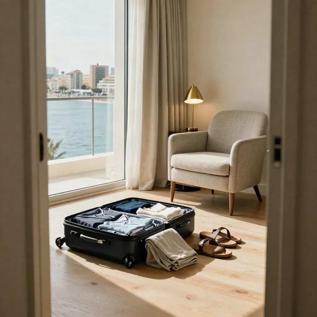 Geöffnetes Hotelzimmer mit Koffer, Sommerkleidung und Meerblick nach der Flugbuchung.