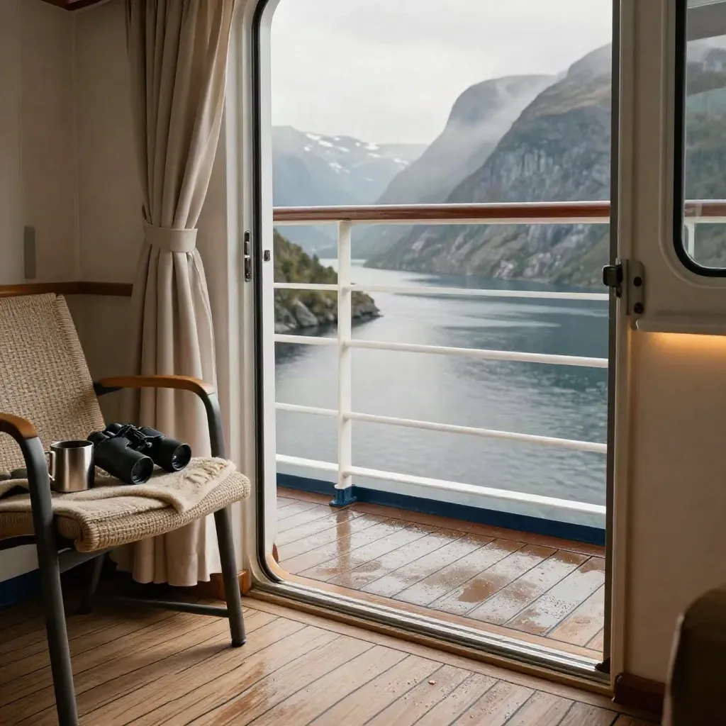 Kabinenbalkon einer Norwegenkreuzfahrt mit Fjordblick, Decke und Fernglas im Abendlicht