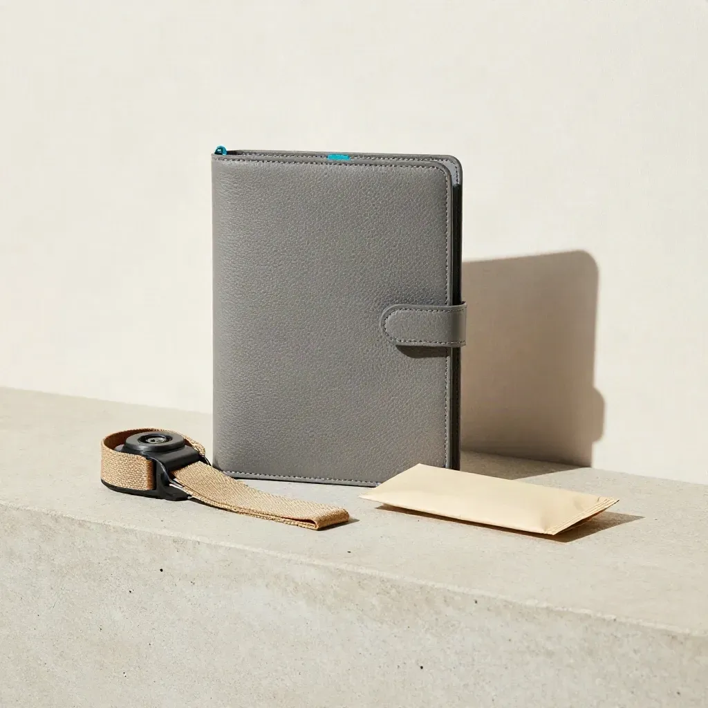 Reise-Folio, Gepäckband und Tracker auf hellem Stein mit sanftem Turquoise-Akzent.
