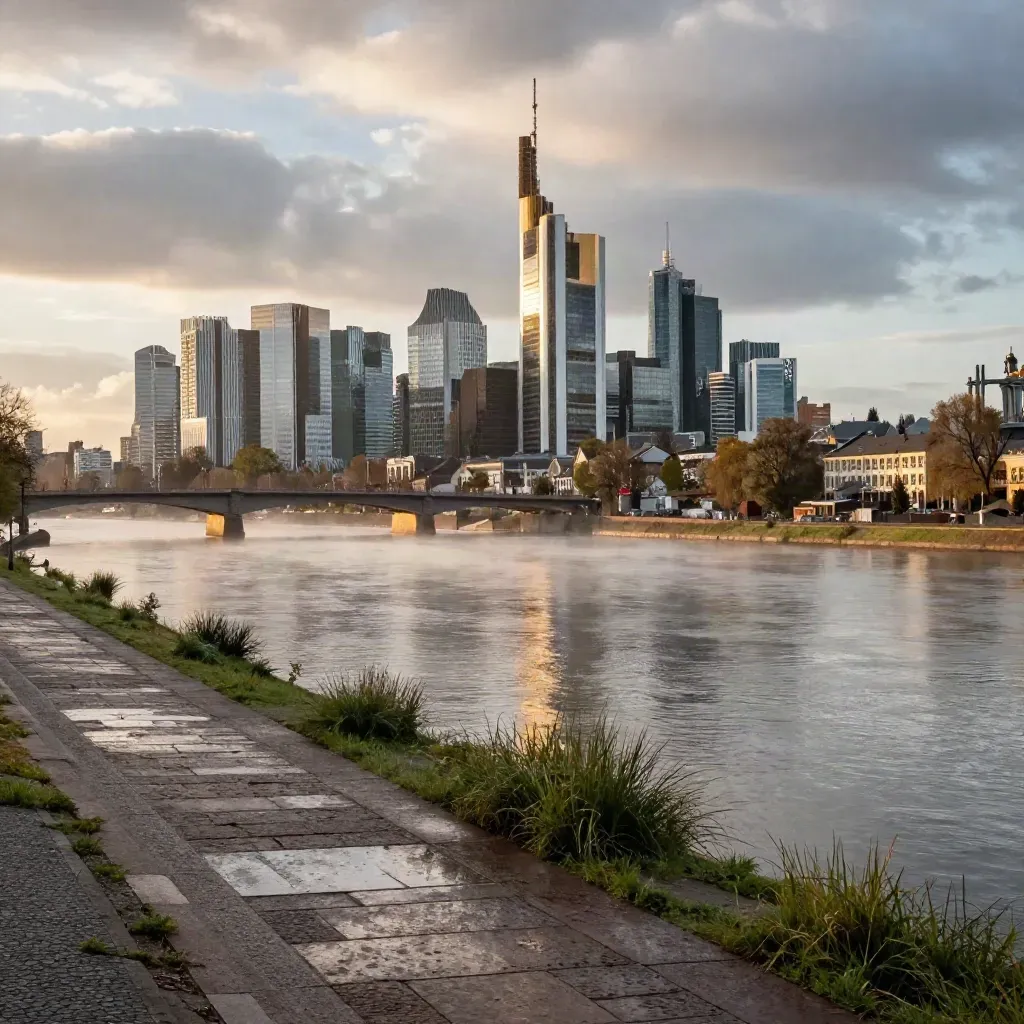 Frankfurter Skyline und Mainufer im goldenen Nachregenlicht