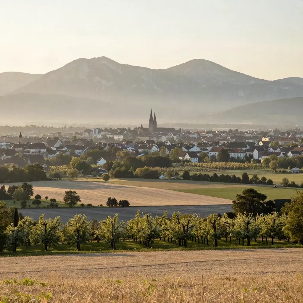 Süddeutsche Landschaft im Abenddunst mit München am Horizont und den Alpen dahinter.